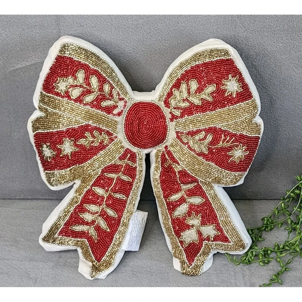 Christmas Red Gold Beaded Bow Coquette Decorative Pillow Home Decor 16x16‎ NEW